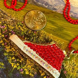 Sneaker shoe crystal charm necklace red & AB crystals gold tone cut out rare